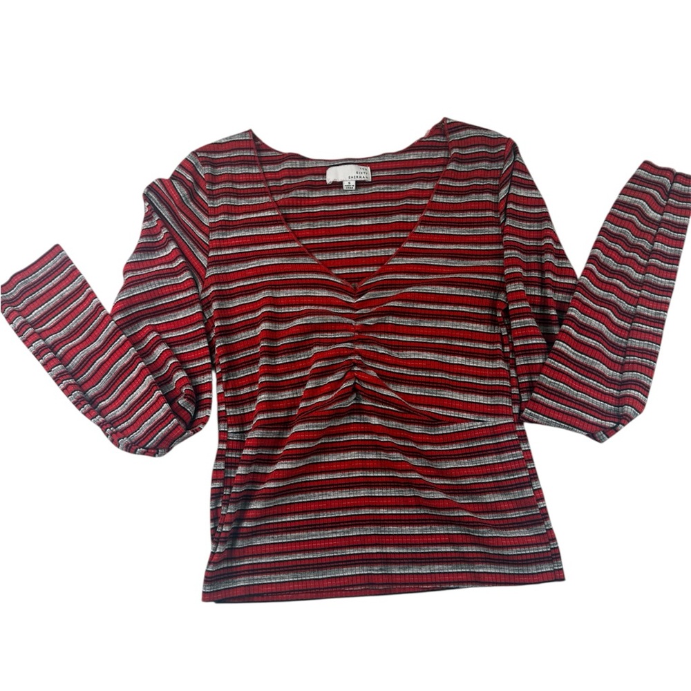 Ten Sixty Sherman Striped V-Neck Long Sleeve Top in Red, Black, Gray